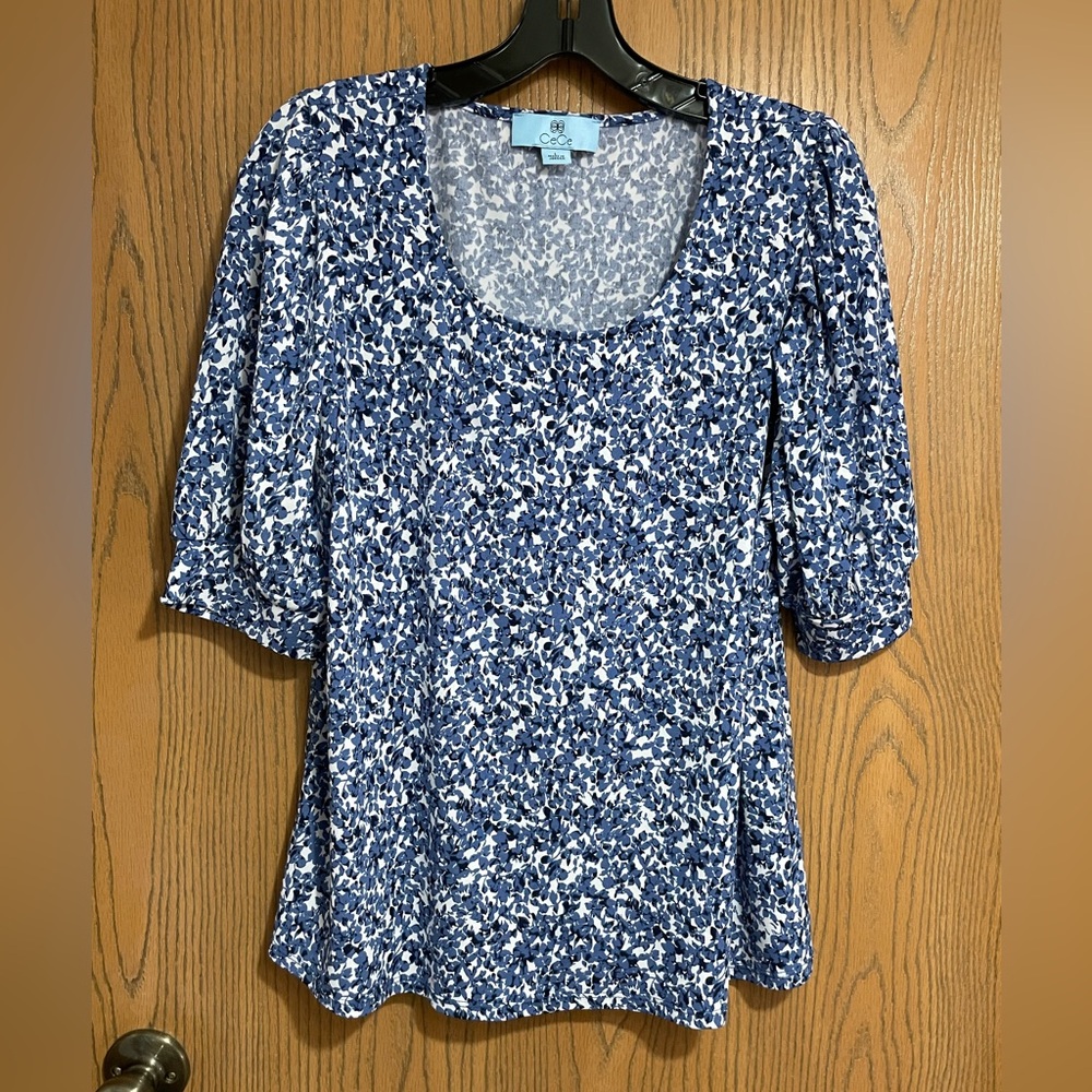 CeCe Blouse with Blue and White Pattern and Puff Sleeves